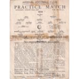 ARSENAL Single sheet for the Public Practice match at Highbury 22/8/1936. Worn, tape on the back.