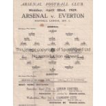 ARSENAL V EVERTON 1929 Single sheet programme for the League match at Arsenal 22/4/1929, heavily