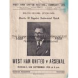 WEST HAM UNITED V ARSENAL 1950 Programme for the Paynter Testimonial at West Ham 18/9/1950,