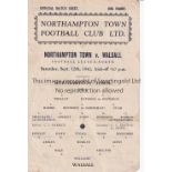 NORTHAMPTON Single sheet programme home programme v Walsall 12/9/1942. Light pencil team changes