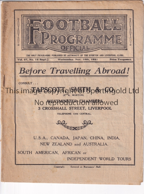 ENGLAND / WALES / LIVERPOOL Programme England v Wales 18/11/1931 at Anfield. Light horizontal