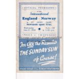 ENGLAND / NORWAY / NEWCASTLE Programme England v Norway 9/11/1938 at St James' Park. Some light