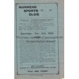 NUNHEAD Home 4 Page programme v Dulwich Hamlet Isthmian League 3/11/1923.Tiny prinholes. Folds. No