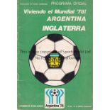 ARGENTINA / ENGLAND Programme Argentina v England 12/6/1977. We believe this to be one of the few