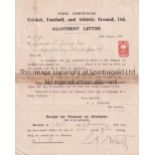 IPSWICH Allotment letter dated 16/1/1906 for the Ipswich Cricket , Football & Athletic Ground Ltd