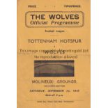 WOLVES V TOTTENHAM HOTSPUR 1945 Programme for the FL South match at Wolves 1/9/1945, slightly