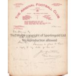 GEORGE MORRELL AUTOGRAPH / ARSENAL An Arsenal official letterhead dated 11/12/1914 handwritten and