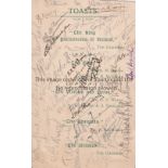LONDON IRISH RUGBY Single card menu for a dinner at the Irish Club 27/3/1922. Signed by 30+.