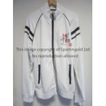 GEORGE BEST Ben Sherman white track suit style zip-up top, size XL with blue trims and 2 zip-up