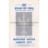 1968 WELSH CUP FINAL Programme for Hereford United at home v Cardiff City 6/5/1968. Generally good