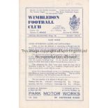 WIMBLEDON V ARSENAL 1965 Programme for the Met. Lge. match at Wimbledon 23/10/1965, team changes and