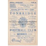 LUTON TOWN Programme for the away Met. Lge. match v. Tonbridge 11/4/59, horizontal crease. Generally