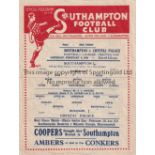 SOUTHAMPTON V CRYSTAL PALACE 1945 Single sheet programme for the FL South Cup match at Southampton