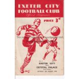 EXETER CITY V CRYSTAL PALACE 1949 Programme for the League match at Exeter 20/8/1949 slightly worn