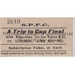 1923 FA CUP FINAL Raffle ticket for A Trip To Cup Final with Expenses on Saturday, April 28th, 1923.