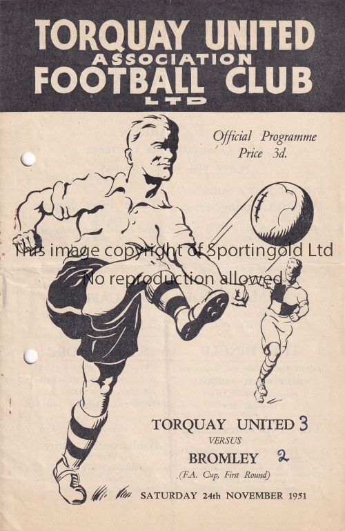 TORQUAY UNITED V BROMLEY 1951 FA CUP Programme for the FA Cup tie at Torquay 24/11/1951, punched