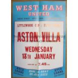 WEST HAM UNITED V ASTON VILLA 1989 LEAGUE CUP Official 24" X 17" match poster 18/1/1989. Good