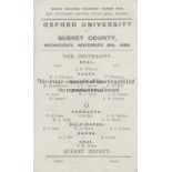 OXFORD UNIVERSITY V SURREY COUNTY 1899 Single card programme for the match on 8/11/1899 at the