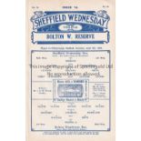 SHEFFIELD WEDNESDAY Ex-binder home programmes for the Reserve team match v. Bolton Wanderers 8/4/