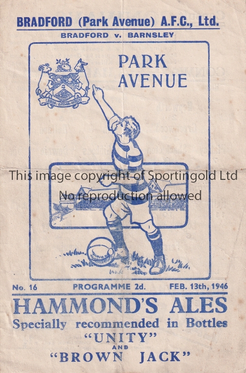 BRADFORD PARK AVENUE V BARNSLEY 1946 FA CUP Programme for the Cup tie at Bradford 13/2/1946,