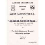 WEST HAM UNITED Programme / score card for the cricket match at Abridge C.C. 1/9/1985. Good