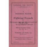 WARTIME FOOTBALL AT MILLWALL FC Programme for Fighting French v National Fire Service 31/3/1943,