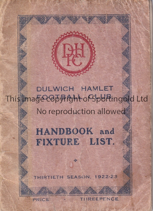 DULWICH HAMLET Dulwich Hamlet Handbook 1922/23. Numbers written in a blank page. Fair to generally