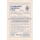 ARSENAL Programme for the away Met. League match v Wimbledon 23/10/1965. Generally good