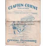 CLAPTON ORIENT V CARDIFF CITY 1933 Programme for the League match at Orient 18/11/1933. Folded in