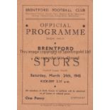 TOTTENHAM HOTSPUR Programme for the away FL South match at Brentford 24/3/1945, slight horizontal