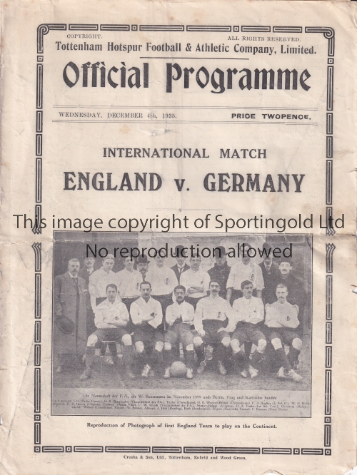 ENGLAND / GERMANY / SPURS Four page programme England v Germany 4/12/1935 at White Hart Lane (