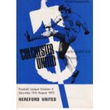 HEREFORD UNITED / 1ST LEAGUE MATCH Programme for the away League match v Colchester United 12/8/