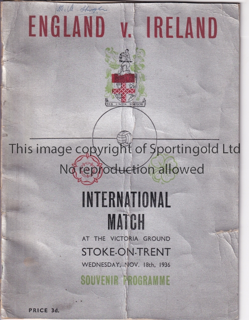 ENGLAND / WALES / STOKE Programme England v Wales 5/2/1936 at the Victoria Ground, Stoke. Vertical