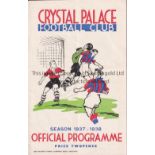 CRYSTAL PALACE V LIVERPOOL 1938 Programme for the FA Cup tie at Palace 8/1/1938, staple removed