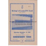 KING'S LYNN V SHREWSBURY TOWN 1964 FA CUP Programme for the Cup tie at King's Lynn. Good