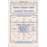 SHEFFIELD WEDNESDAY Ex-binder home programmes for the Reserve team match v. Huddersfield Town 12/9/