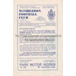 TOTTENHAM HOTSPUR Programme for the away Met. League match v Wimbledon 31/10/1964. Generally good