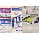 ARSENAL Eighteen away League programmes for season 1953/4 missing Wolves, Preston and Cardiff.