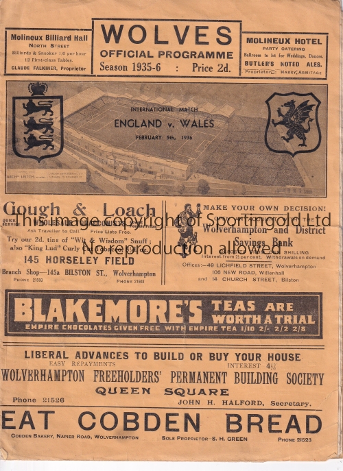 ENGLAND / WALES / WOLVES Programme England v Wales 5/2/1936 at Molyneux ( Wolverhampton Wanderers ).