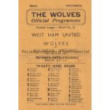 WOLVES V WEST HAM UNITED 1946 Programme for the FL South match at Wolves 6/4/1946, horizontal
