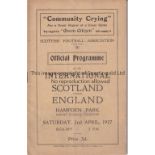 SCOTLAND V ENGLAND 1927 Programme for 2/4/1927 at Hampden Park, Generally good