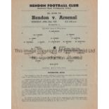 ARSENAL Single sheet programme for the away Will Mather Cup match v Hendon 30/4/1958 slight