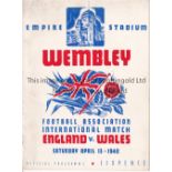 ENGLAND / WALES Programme England v Wales 13/4/1940 at Wembley.Some foxing. No writing. Generally