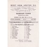 WEST HAM UNITED Single sheet programme for the Met. Lge. home match v Rainham Town 14/4/1962.