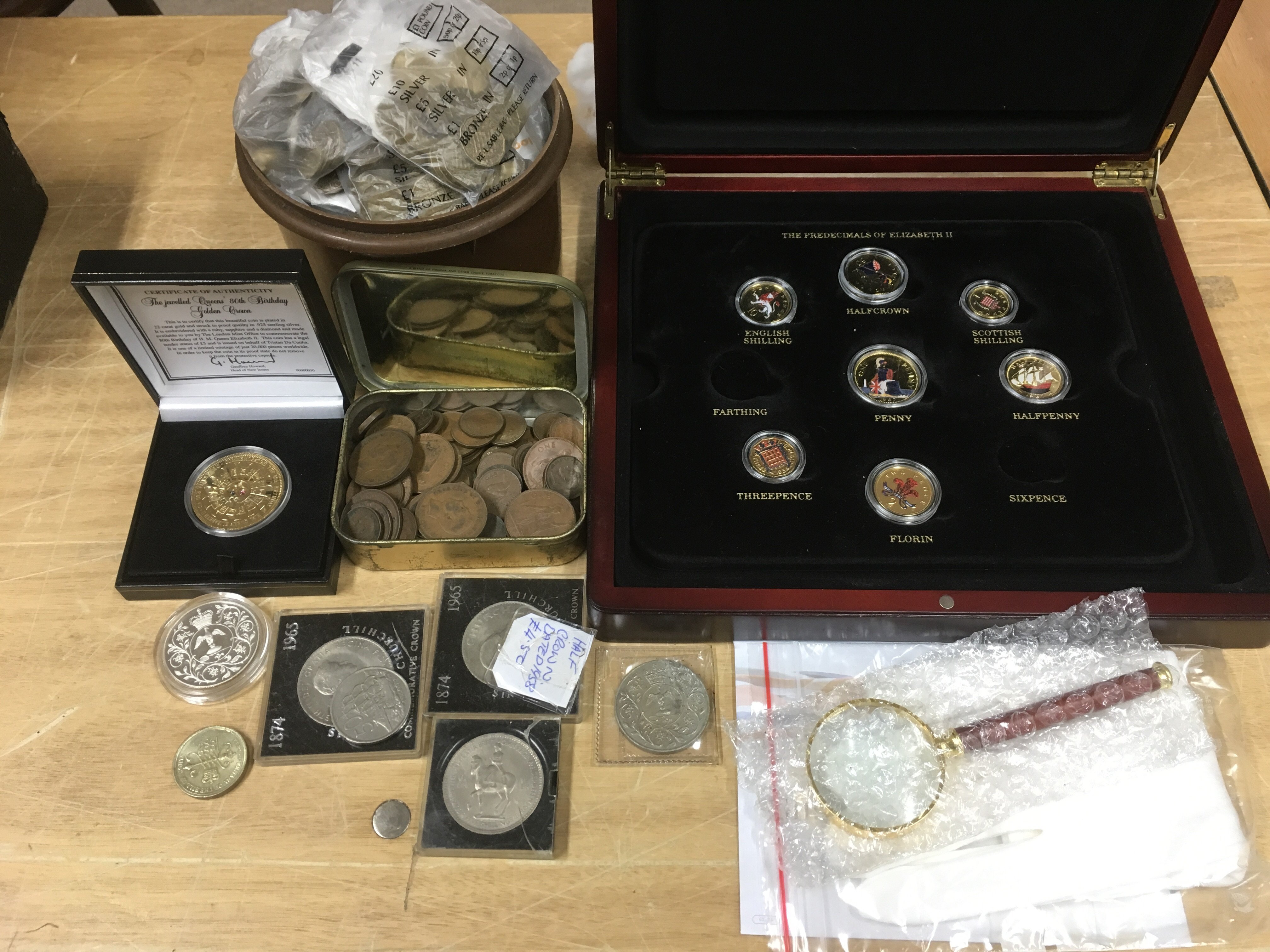 A collection of GB coins including a cased part presentation set of Pre Decimal coins, a cased and