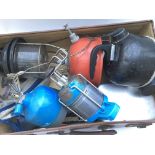 Various camping equipment including gas stoves, lamp, kettle and mess tin