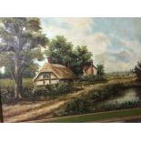 A framed oil on board depicting a country side lan