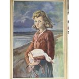 An oil on board of a girl holding a duck, approx 54cm x 78.5cm.