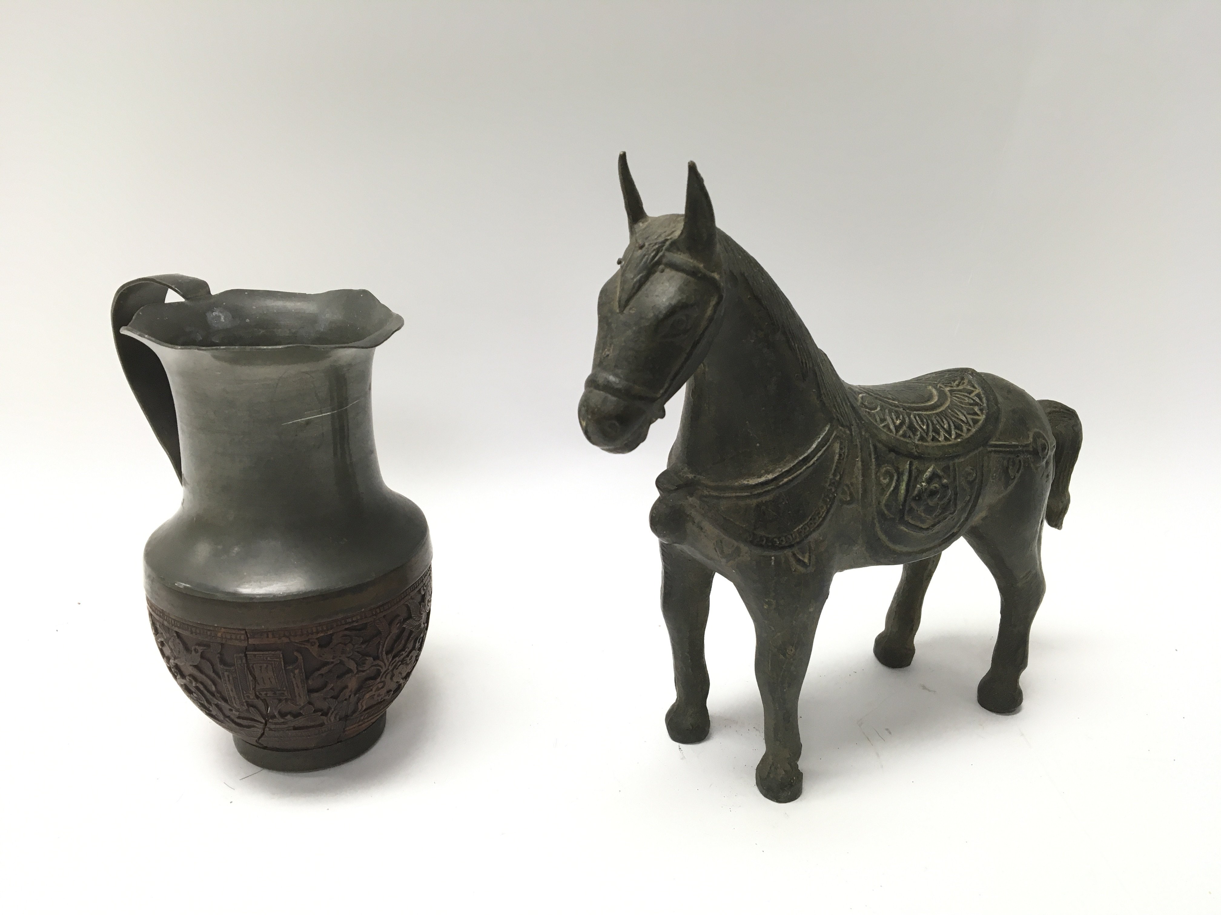 A Chinese Bronze horse figurine and a Chinese pewt