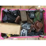 A box of cameras including a Voightlander 'Brillia
